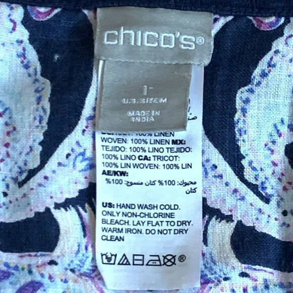 Chico's Shirt Women 1 (US M/8) Blue‎ Multicolor Print 3/4 Sleeve Linen C14 - Picture 9 of 12